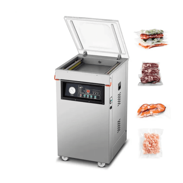 KRD Automatic Standing Vacuum Machine 900W with food items, ideal for versatile food storage and preservation.