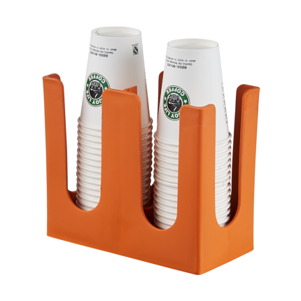 Flat 2-Slots Cup Holder Dispenser in orange, featuring 4 compartments for organized coffee cup storage.