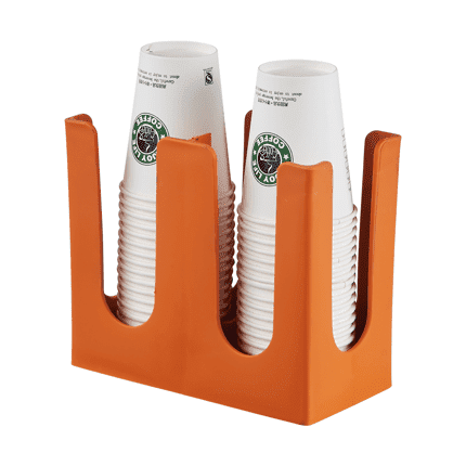 Flat 2-Slots Cup Holder Dispenser in orange, featuring 4 compartments for organized coffee cup storage.