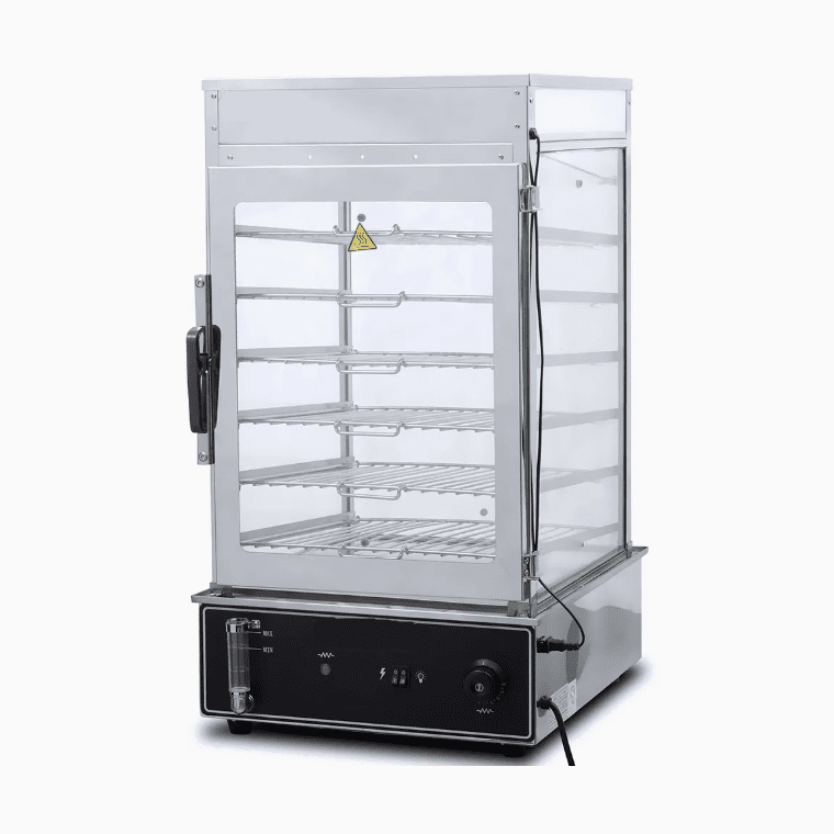 KRD Commercial Bun & Dumpling Steamer Countertop 6 Tier HW600H with stainless steel body and transparent glass doors.