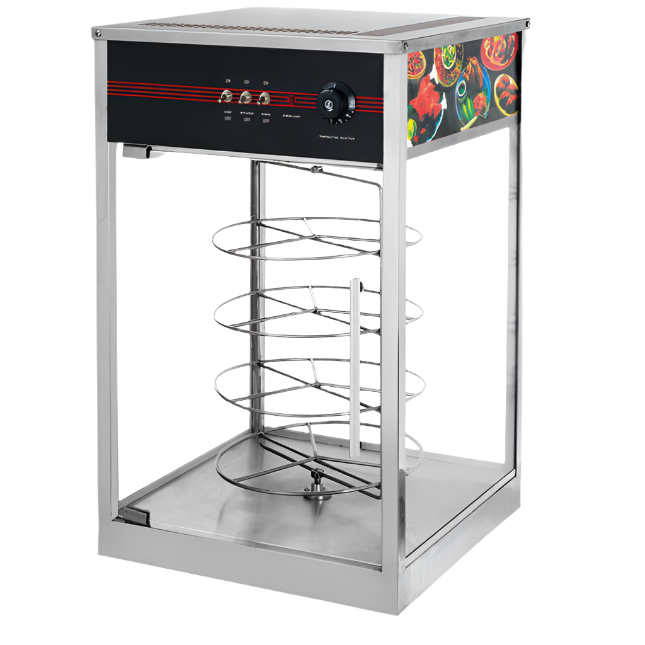 KRD Commercial Countertop Pizza Warmer Display 49cm HW815 stainless steel with rotating racks for pizza showcasing.