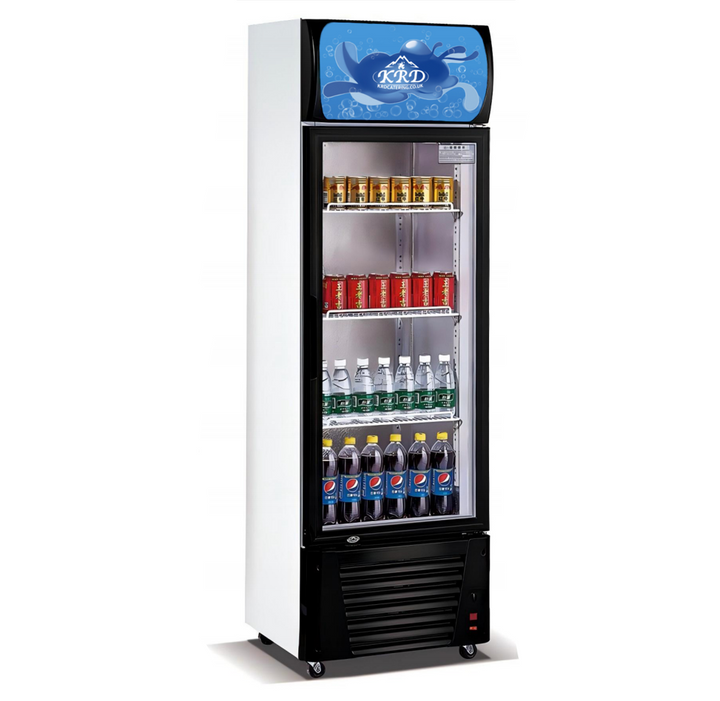 KRD Commercial Bottle cooler Upright 280 Litres Hinged glass door Canopy light Fridge with visible drinks bottles.