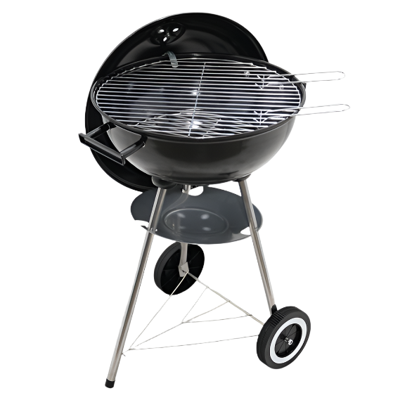 KRD Black Enamel Kettle Portable BBQ Charcoal Grill 42cm with chrome cooking grid and ash tray design.