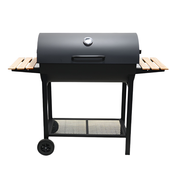 KRD BBQ charcoal grill with smoker, 116cm, black metal body, wooden side trays, perfect for outdoor cooking.