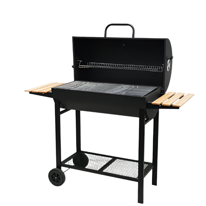 KRD BBQ charcoal grill with smoker, 116 cm, steel construction, includes wooden side trays and chrome plated cooking grid.