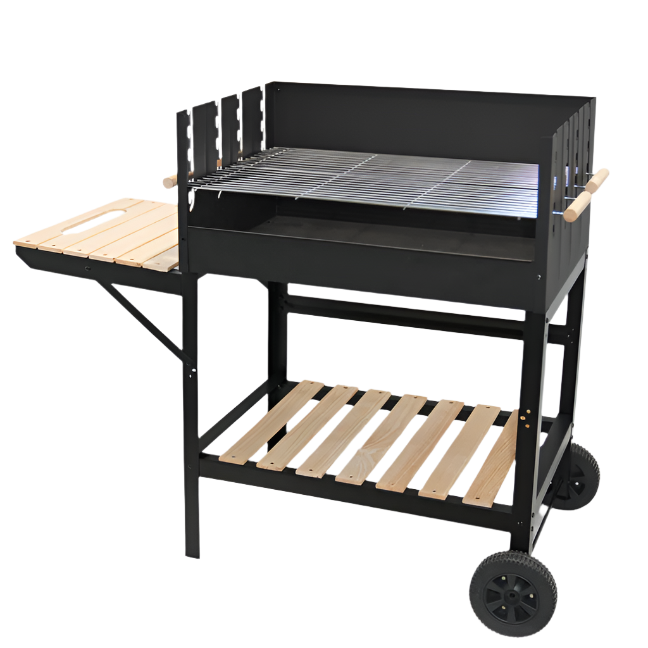 KRD Commercial Mobile Charcoal BBQ Double Grill Side Table and Storage Shelf 101cm