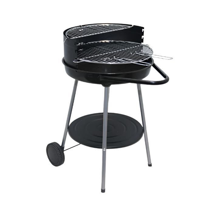 Open top round charcoal grill, 82cm size, metal cooking grid, ideal for outdoor barbeques and gatherings.