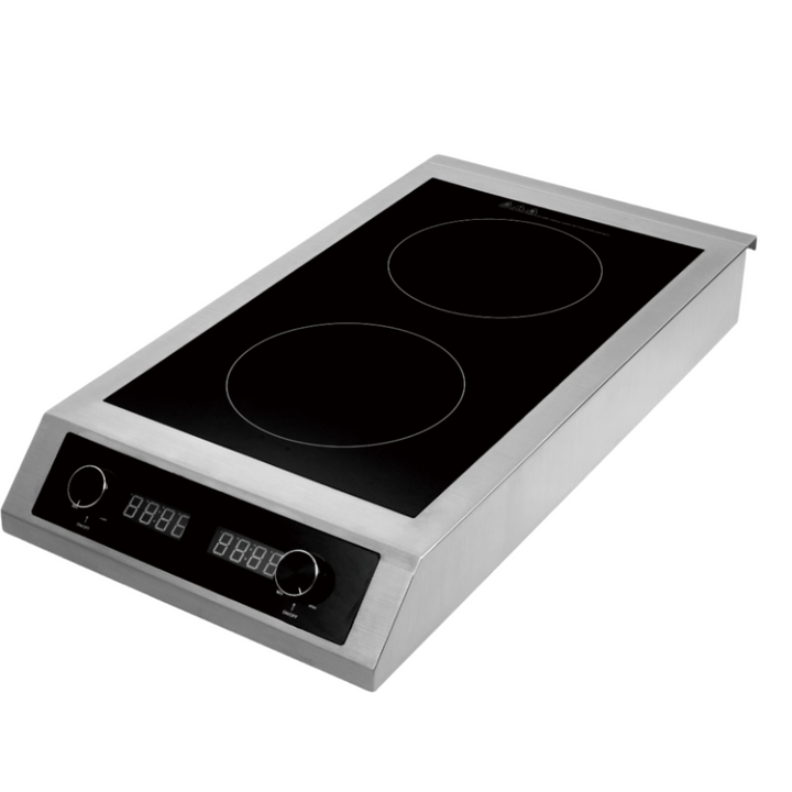 KRD Professional Induction Cooker 7kW AMCD201, stainless steel, two burners, digital control panel, commercial kitchen use.