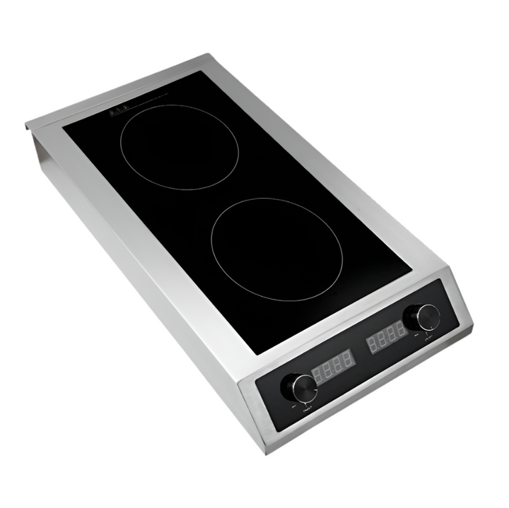 KRD Professional Induction Cooker 7kW AMCD201, stainless steel, double burner, digital control panel for commercial kitchens.
