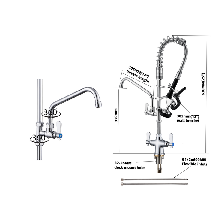 KRD Pre Rinse Spray Unit With Swing Faucet Deck mount Double inlet Height 630mm Stainless steel MNPR1108CAO