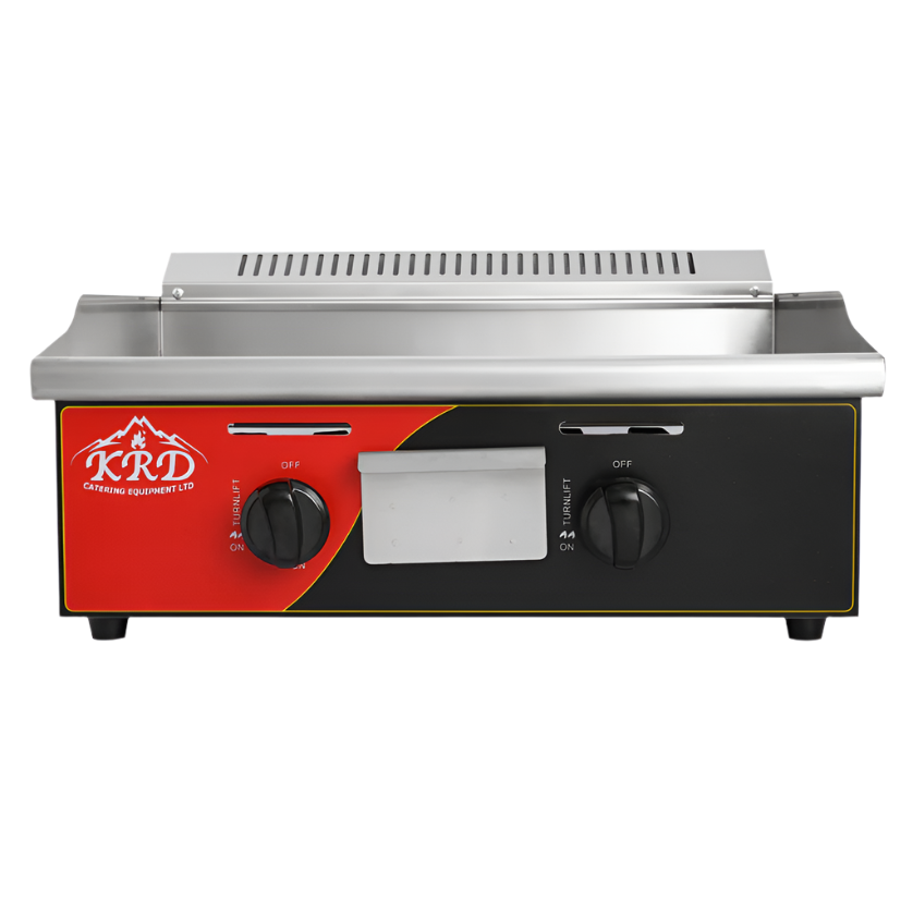 KRD gas griddle countertop OP718 with 2 burners, stainless steel, 61cm width, designed for LPG and natural gas.