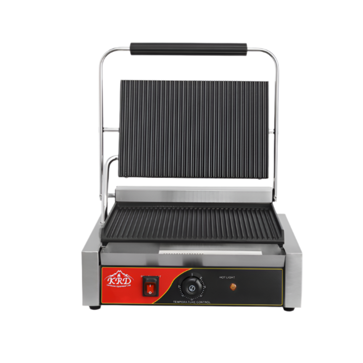 KRD Heavy Duty Extra Large Panini Contact grill Ribbed 2.2kW KEG-812A with stainless steel body and adjustable temperature controls.