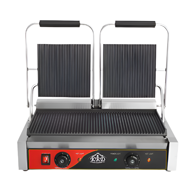 KRD Heavy Duty Twin Panini Contact grill Dual Zone 3.6kW Ribbed, dual ribbed grills, stainless steel construction, commercial kitchen equipment.