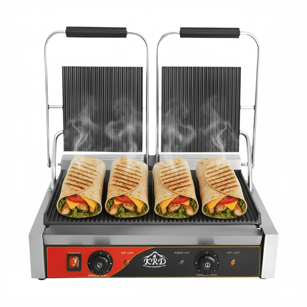 KRD Heavy Duty Twin Panini Contact grill Dual Zone 3.6kW Ribbed KEG813A