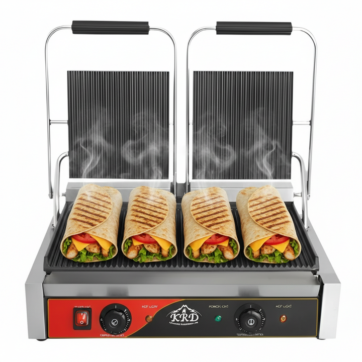 KRD Heavy Duty Twin Panini Contact grill Dual Zone 3.6kW Ribbed
