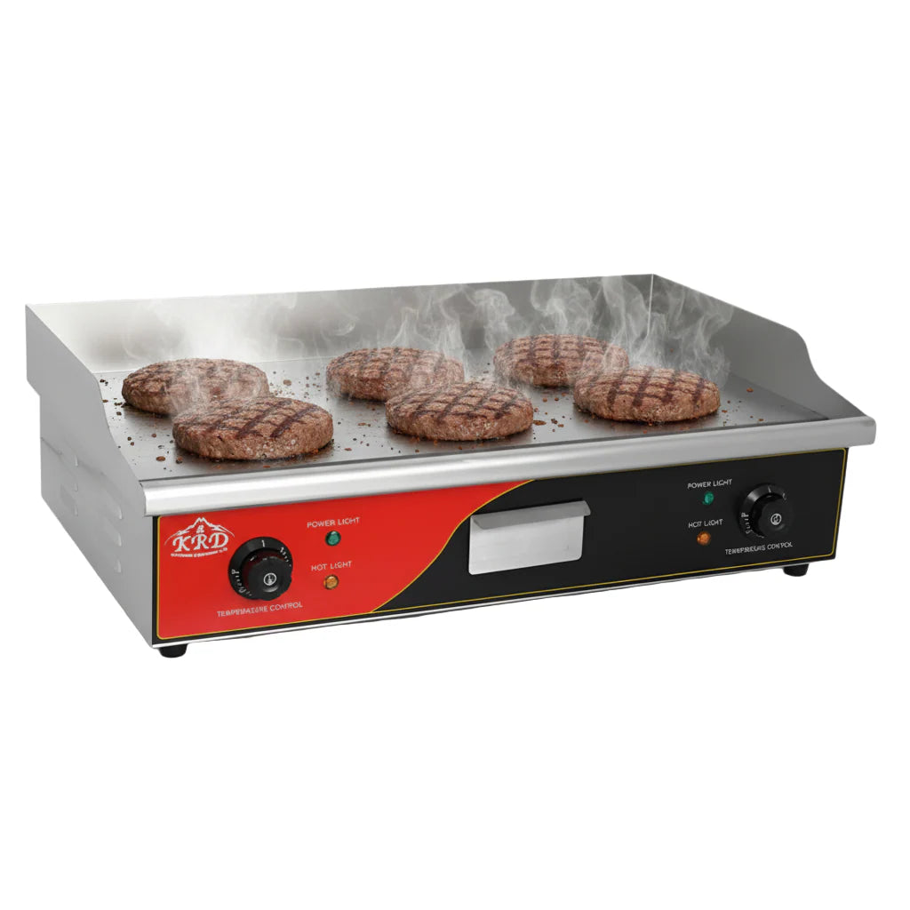 KRD Commercial Electric Flat Smooth Griddle 730x460x250mm 3.6kw KEG-820S with burgers cooking on the stainless steel surface.