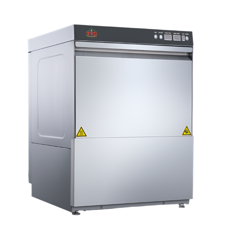 Stainless steel commercial dishwasher with visible brand logo on a white background
