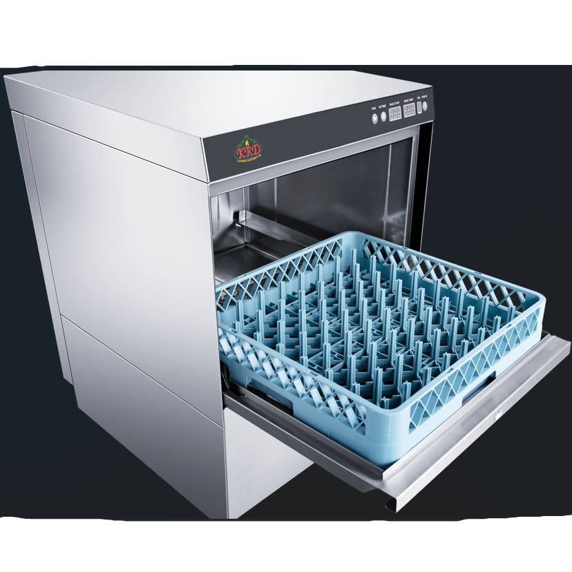 Dishwasher with open door showing a blue dish rack on a black background