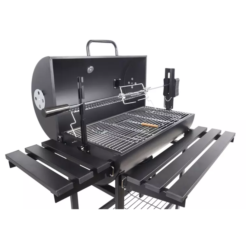 KRD Smoker and Charcoal Grill Barbeque with Rotating Rotisserie 100cm 2 Foldable Sides
