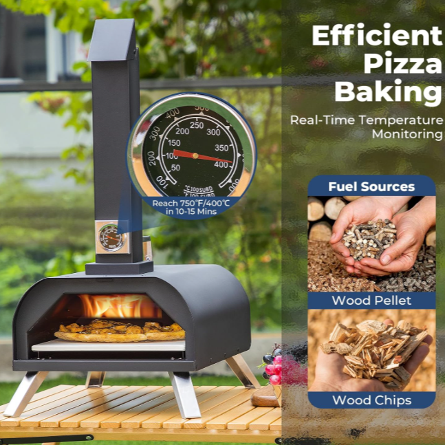 KRD portable outdoor pizza oven 70cm with chimney, wood fired, pellet fuel, real-time temperature gauge for efficient cooking.