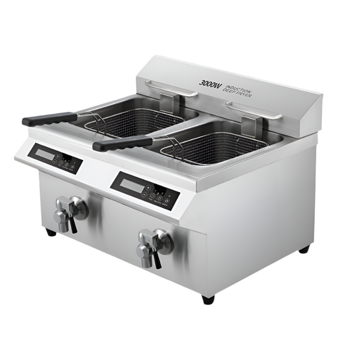 Stainless steel deep fryer with digital controls on a white background