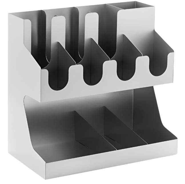 KRD Stainless Steel 2 Tier Cup Holder / Dispenser Φ100mm Cups 7 Stacks 62006 for commercial kitchen use, neatly stores cups and accessories.