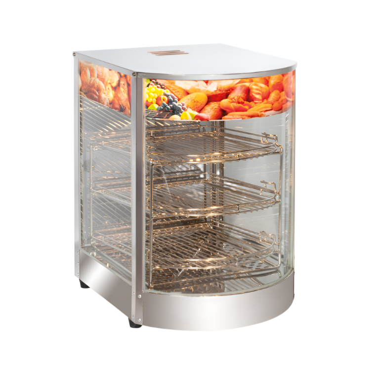 KRD Commercial Hot display food warmer Countertop 75 litre FW1P with stainless steel structure and glass display for catering.