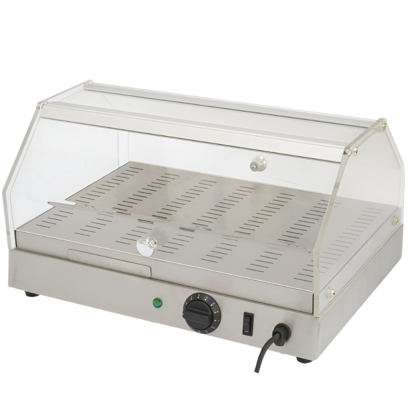 KRD Commercial Hot Display Merchandiser Countertop 500x360x260mm FW260 with stainless steel base and transparent Perspex cover.