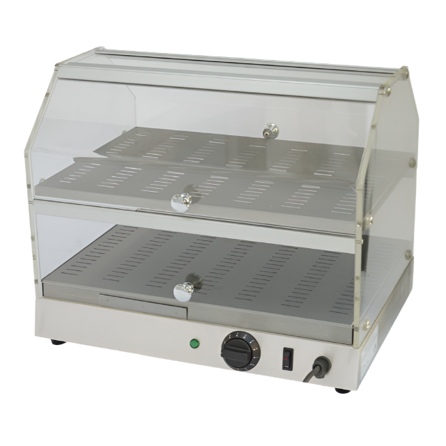 KRD Commercial Hot Display Merchandiser Countertop 500x360x395mm FW395 with stainless steel and transparent Perspex for catering.