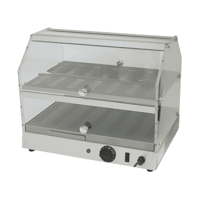 KRD Commercial Hot Display Merchandiser Countertop 500x360x395mm FW395 with stainless steel and transparent Perspex for catering.