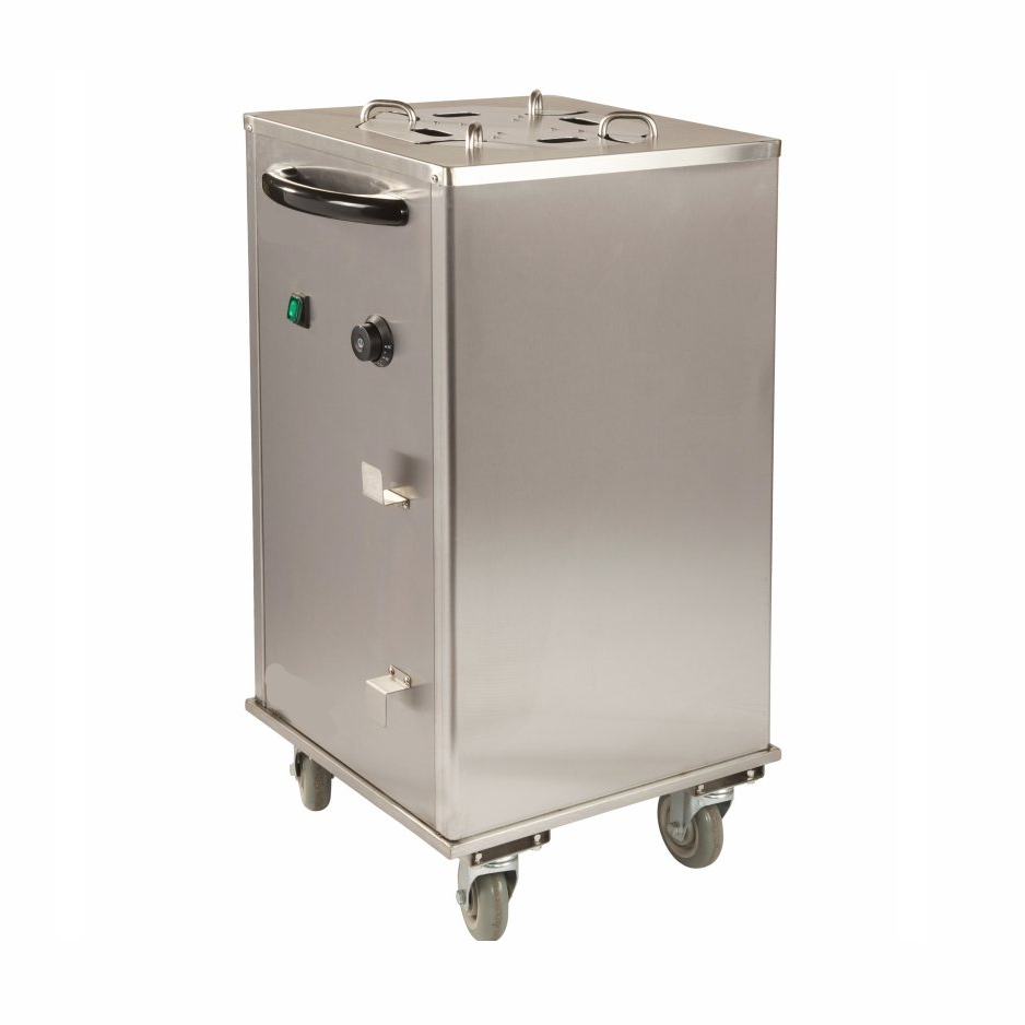 KRD Professional Mobile Heated Plate Lowerator 40 plates Ø300mm PL1C in stainless steel, designed for commercial catering equipment.