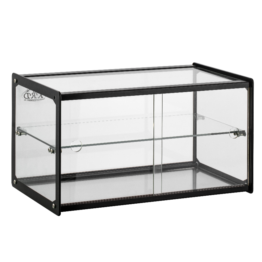 Glass display case with black metal frame on a white background