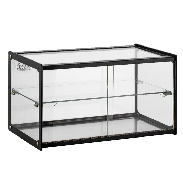 Glass display case with black metal frame on a white background