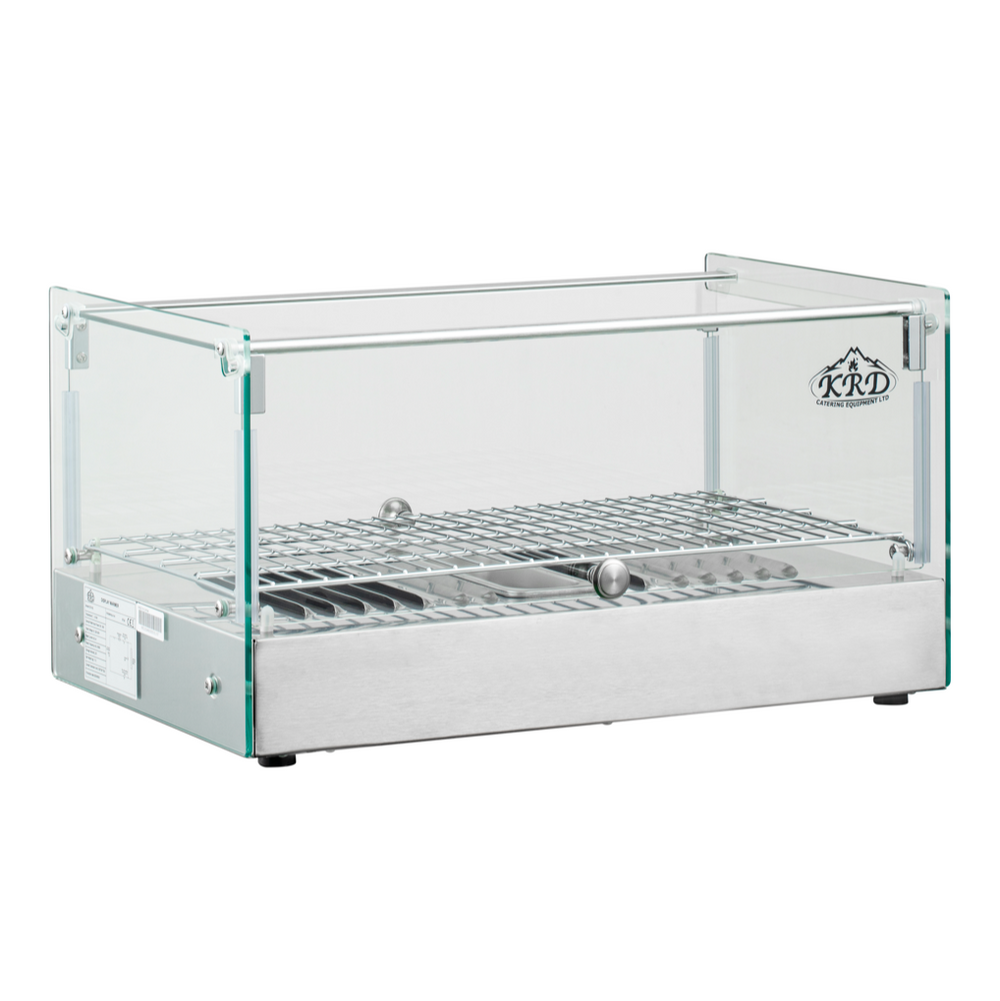 KRD Countertop Grab & Go Heated Display 35 Litres 55cm glass case, stainless steel base, ideal for warming pastries in commercial kitchens.