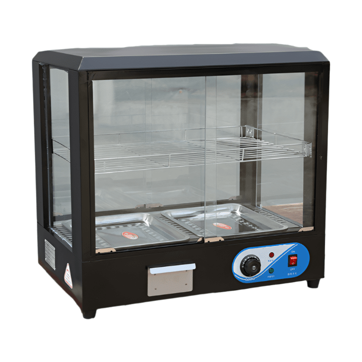 KRD Commercial 66cm Hot Display Case Pie Warmer Countertop CY66 showcasing hot food items with glass panels and stainless steel interior.