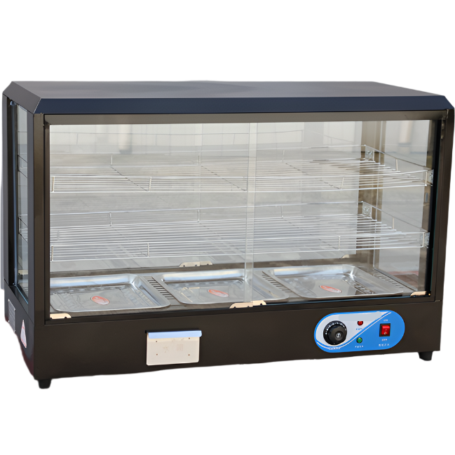 KRD Commercial 90cm Hot Display Case Pie Warmer Countertop CY90 for displaying hot food in commercial kitchen settings.