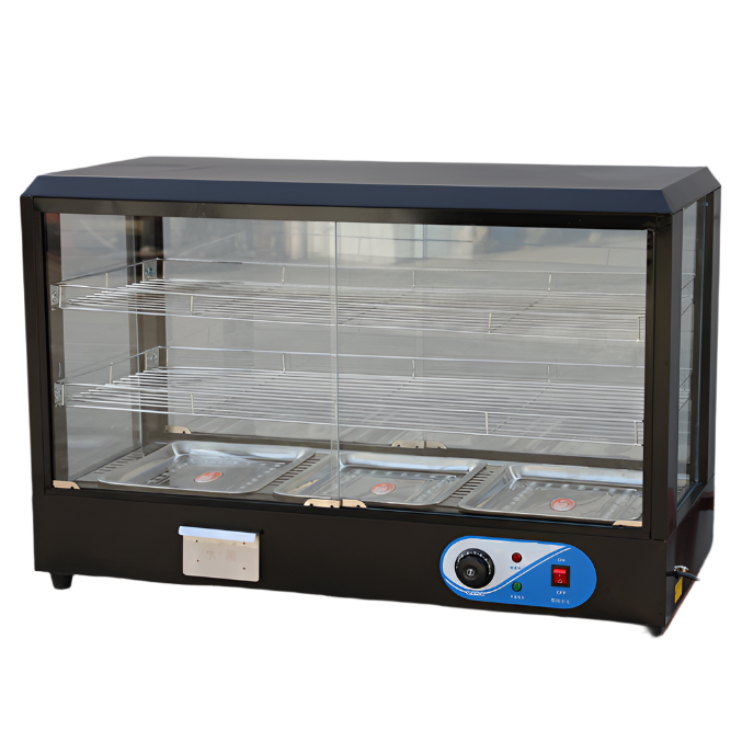 KRD Commercial 90cm Hot Display Case Pie Warmer Countertop CY90 showcasing hot food items with two shelves.