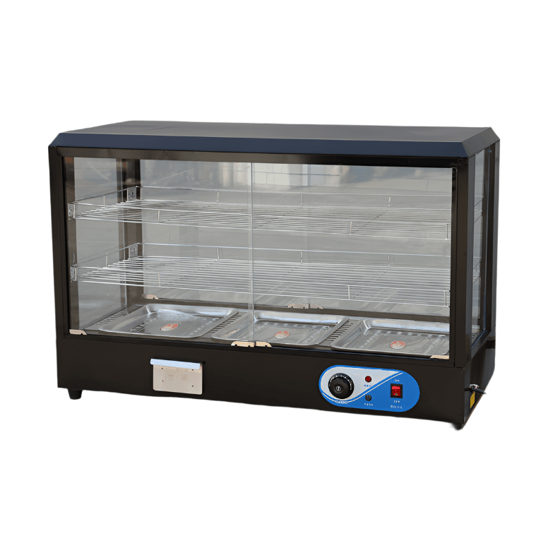 KRD Commercial 90cm Hot Display Case Pie Warmer Countertop CY90 showcasing hot food items with two shelves.