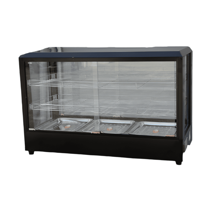KRD Commercial 90cm Hot Display Case Pie Warmer Countertop CY90 with glass front, two shelves, and removable trays.