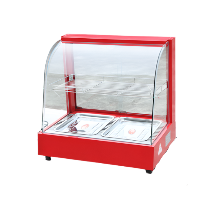 KRD Commercial 66cm Hot Display Case Pie Warmer Countertop Red CY66 showcasing hot food items with stainless steel trays.