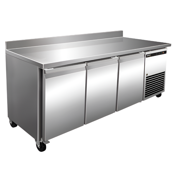 KRD Commercial Freezer counter With Upstand 3 doors Depth 700mm 465 Litres GN3200BT in stainless steel for commercial kitchen equipment.