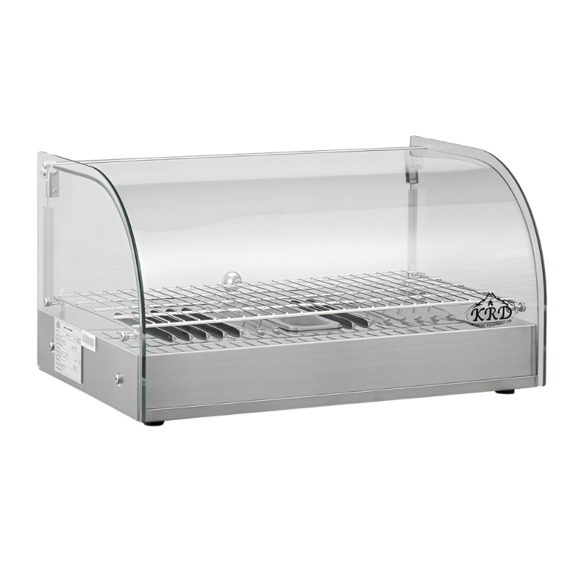 KRD Curved Front Heated Display Case 25 Litres Countertop XCR25L with stainless steel and curved glass design for commercial kitchen use.
