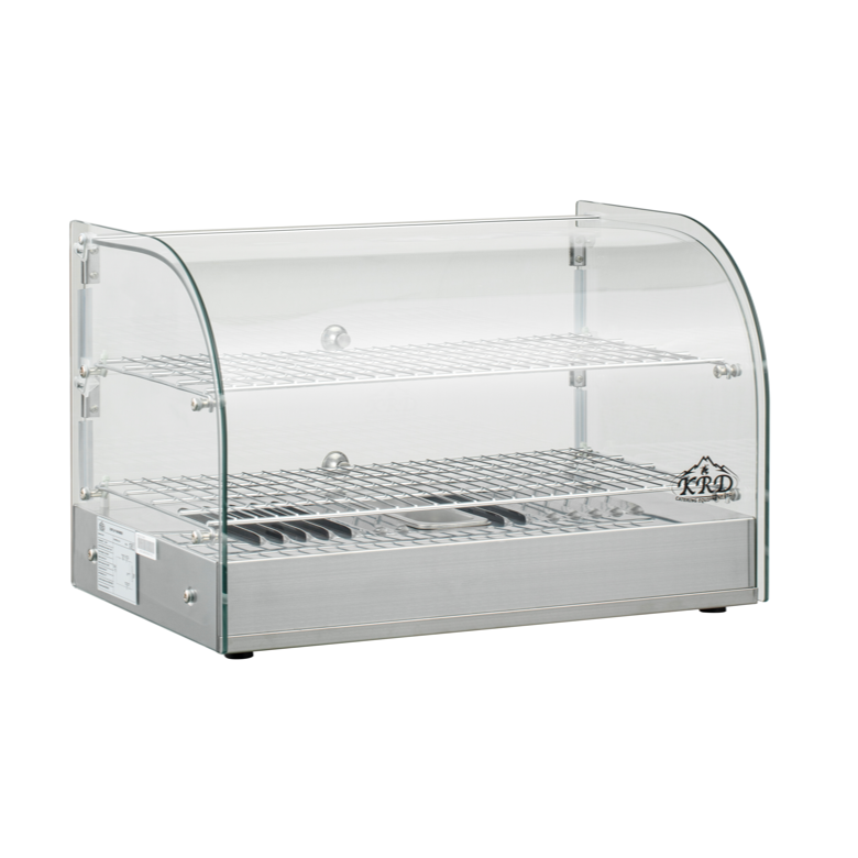 KRD 2 Tier Curved Front Heated Display Case 45 Litres Countertop XCR45L showcasing heated food in stainless steel and glass design.