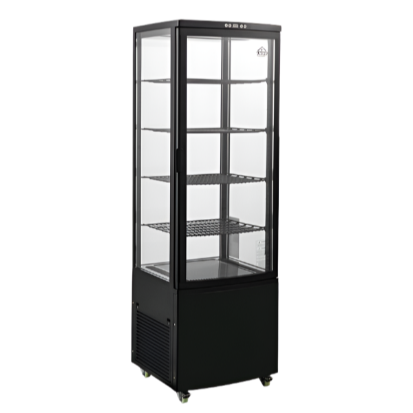 KRD Upright Commercial Glass Refrigerated Display Cooler 218 Litres 4 Shelves 1615mm Height, black glass display for catering.