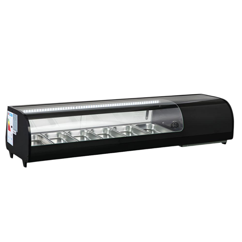 KRD Commercial Refrigerator Sushi & Tapas Showcase 6xGN1/3 XCS62L for commercial kitchen, stainless steel, 1500mm dimensions.