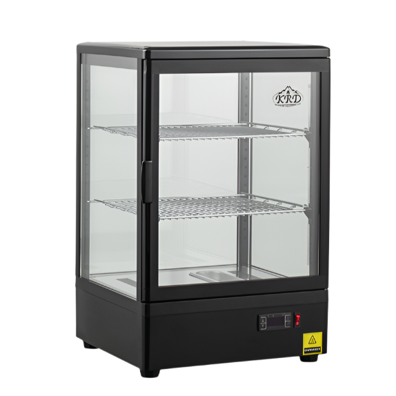KRD Countertop Heated Display Cabinet Warmer 58 litres 2 shelves Black 1 Hinged door XCR58L with glass panels.