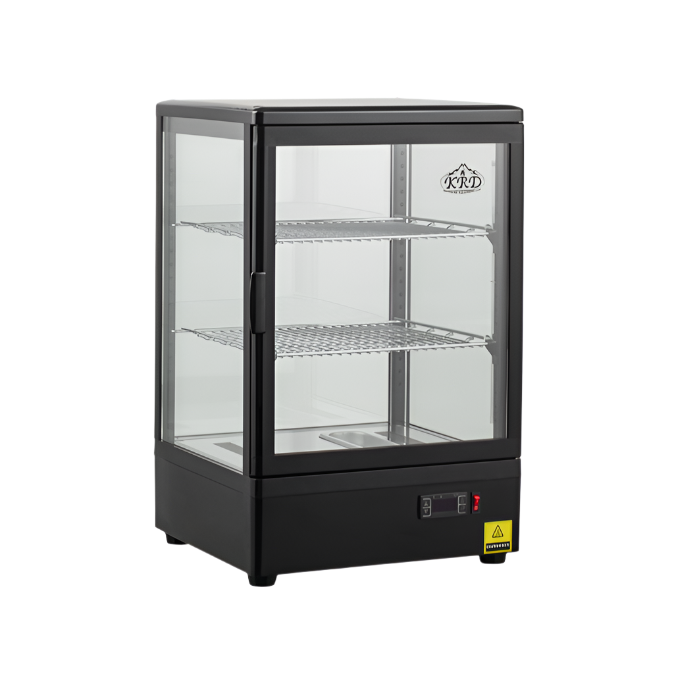 KRD Countertop Heated Display Cabinet Warmer 58 litres 2 shelves Black 1 Hinged door XCR58L