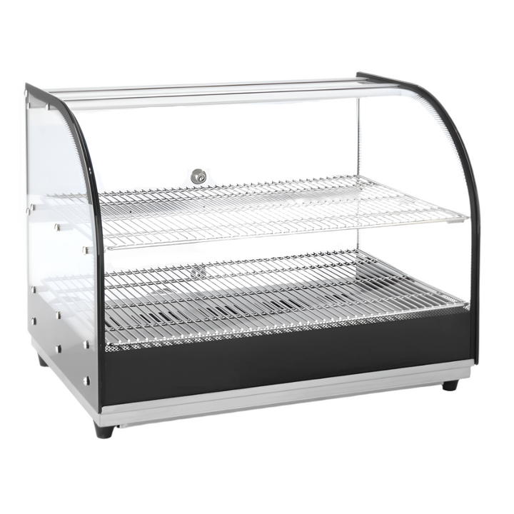 KRD Commercial Hot Display Case 2xGN1/1 Countertop FW500 featuring toughened glass, stainless steel, and two shelves for hot food display.