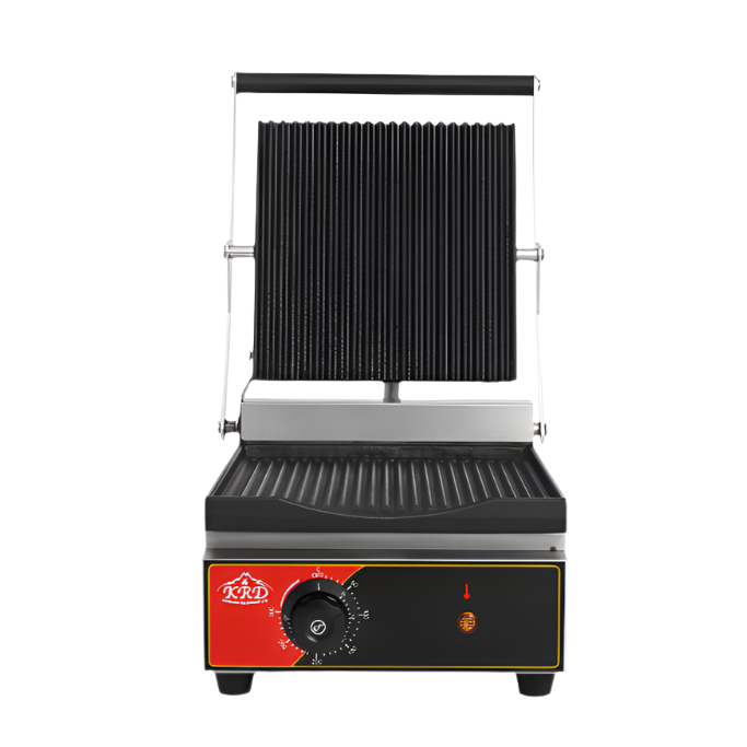 KRD Heavy Duty Panini Contact grill Ribbed Single 1.8W OP811NA with adjustable thermostatic controls and ribbed plates.