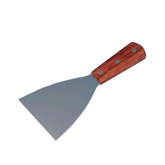 Metal putty knife with a wooden handle on a white background